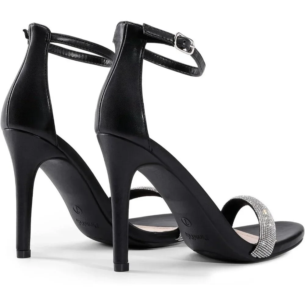 Women's Black-Rhinestone Flower Ankle Strap Stiletto Round Open Toe Stylish Heel